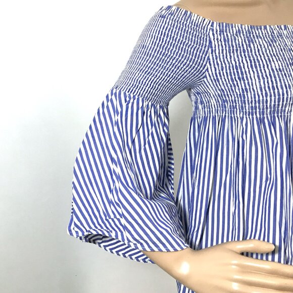Zara Smocked Dress Bell Sleeve Blue White Striped Casual Dress S - Picture 7 of 15